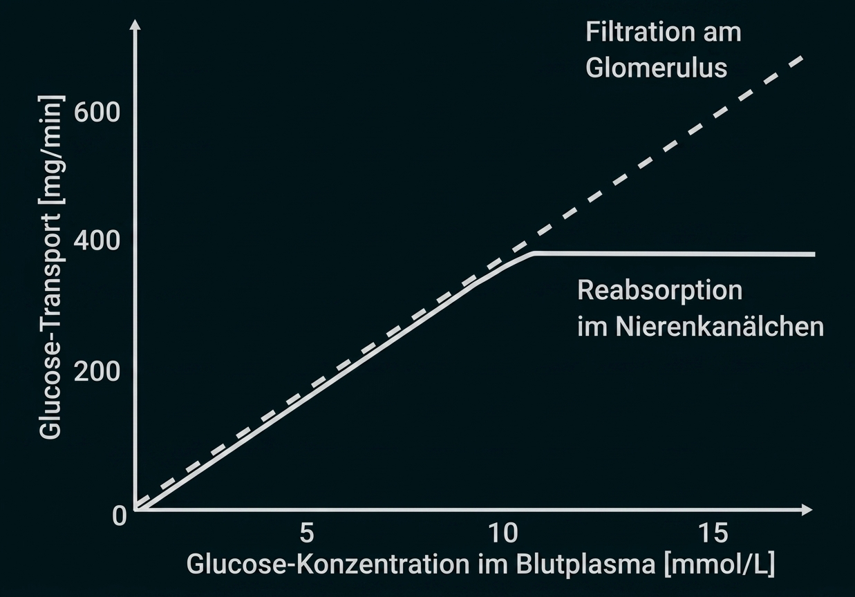 Diagramm: Glukose-Transport vs Blutplasma-Konzentration; Filtration linear, Reabsorption steigt bis Plateau (Transportmaximum)